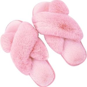 Metog Women's Fuzzy Slippers House Slippers Cross Band Slippers LG 9-10